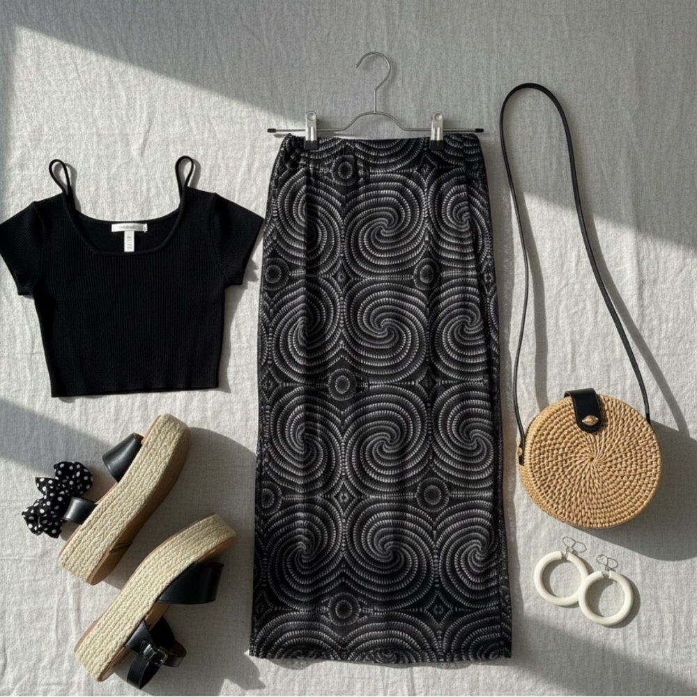 Midi Skirt Retro Multilayer Adorable Y2K Women Fashion Swirl‎ Cute